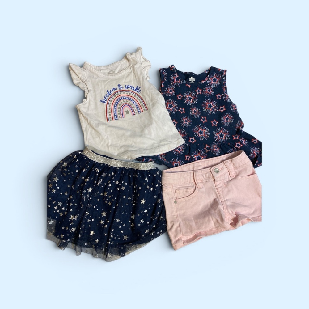 Girls 4-Piece Summer Set - Navy Stars, Pink Shorts, White Rainbow Tee